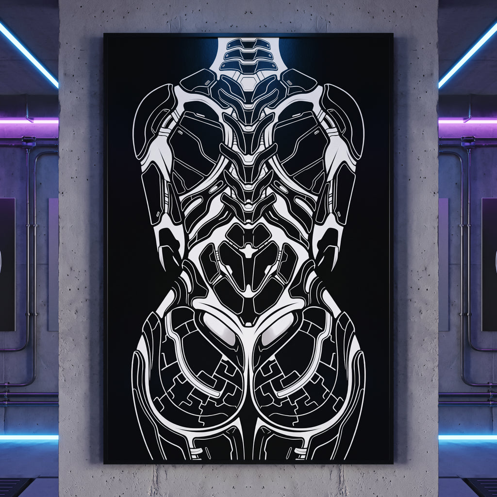 AEGIS | Biomechanical Female Figure Op Art Print | B&W Minimalist Luxury Wall Art
