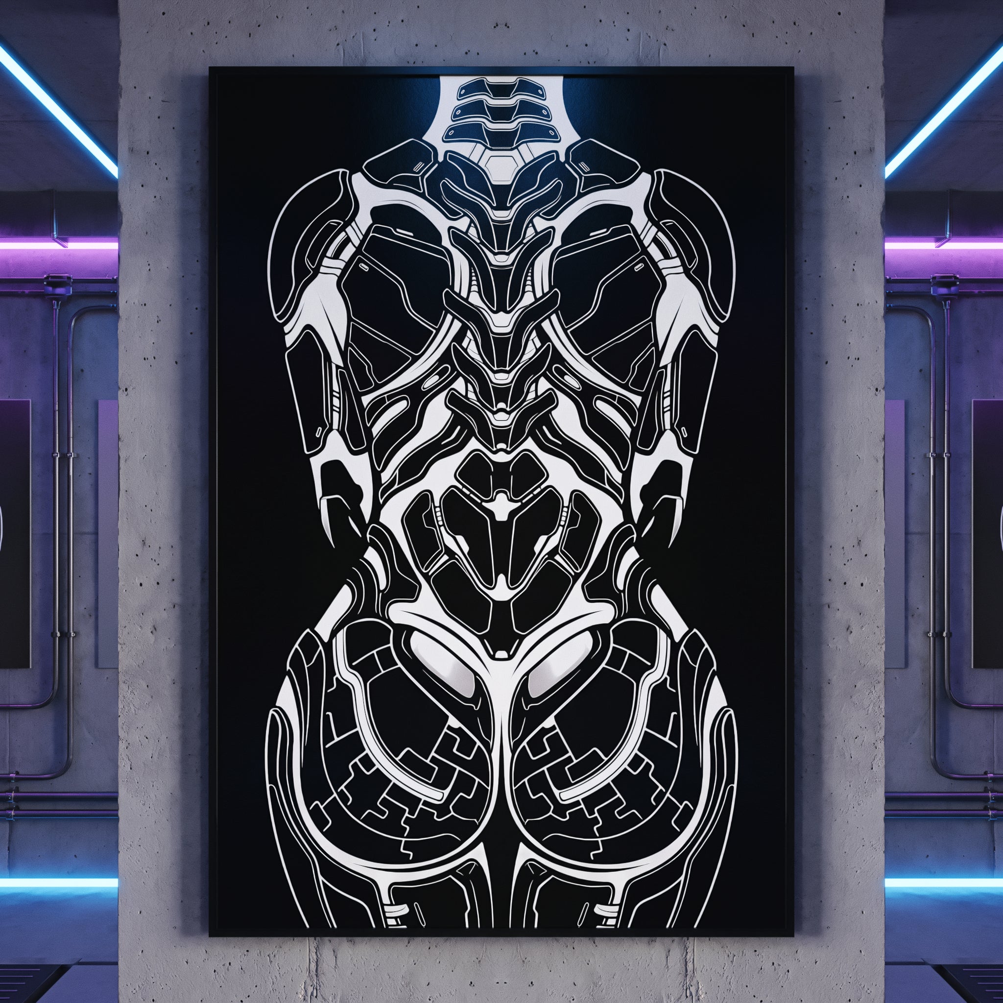 AEGIS | Biomechanical Female Figure Op Art Print | B&W Minimalist Luxury Wall Art