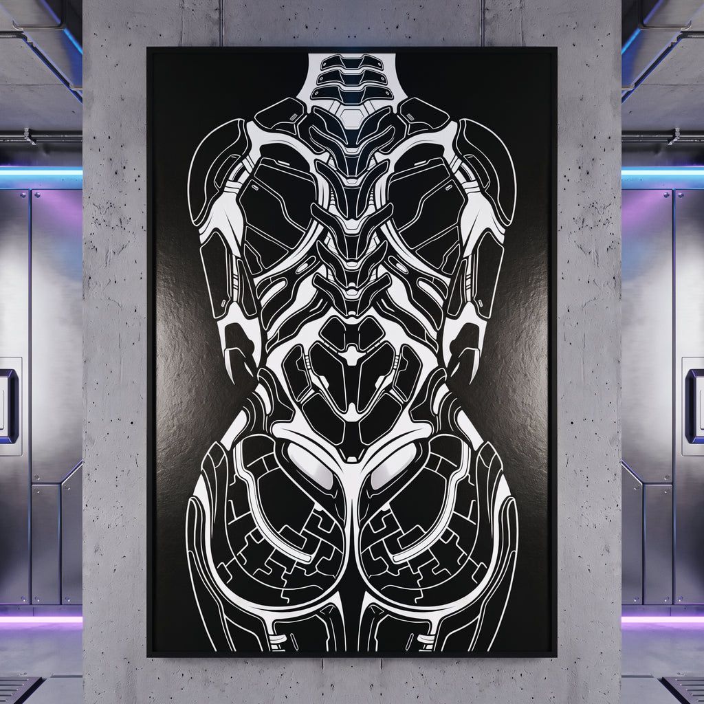 AEGIS | Biomechanical Female Figure Op Art Print | B&W Minimalist Luxury Wall Art