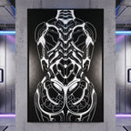 AEGIS | Biomechanical Female Figure Op Art Print | B&W Minimalist Luxury Wall Art