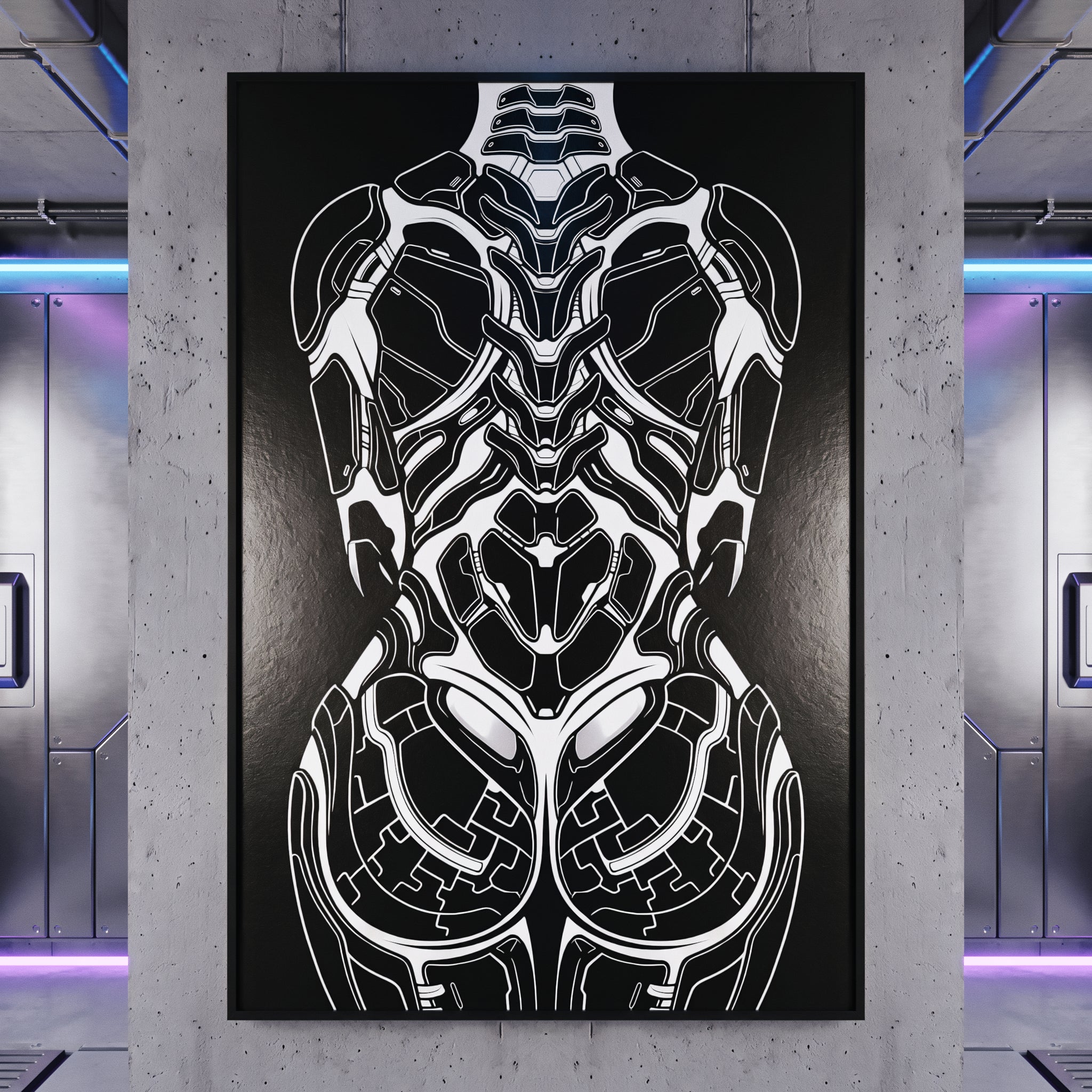 AEGIS | Biomechanical Female Figure Op Art Print | B&W Minimalist Luxury Wall Art