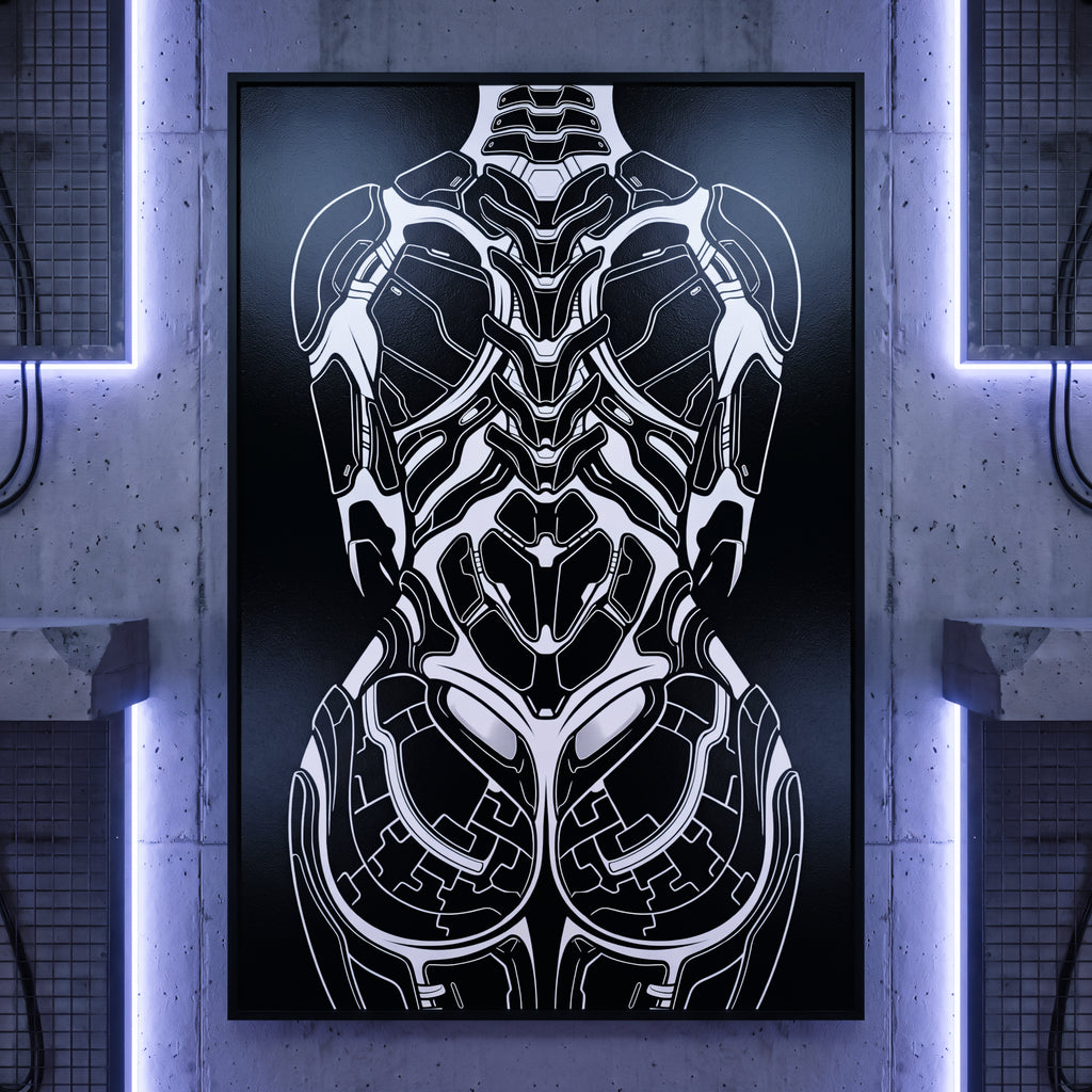 AEGIS | Biomechanical Female Figure Op Art Print | B&W Minimalist Luxury Wall Art