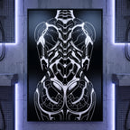 AEGIS | Biomechanical Female Figure Op Art Print | B&W Minimalist Luxury Wall Art