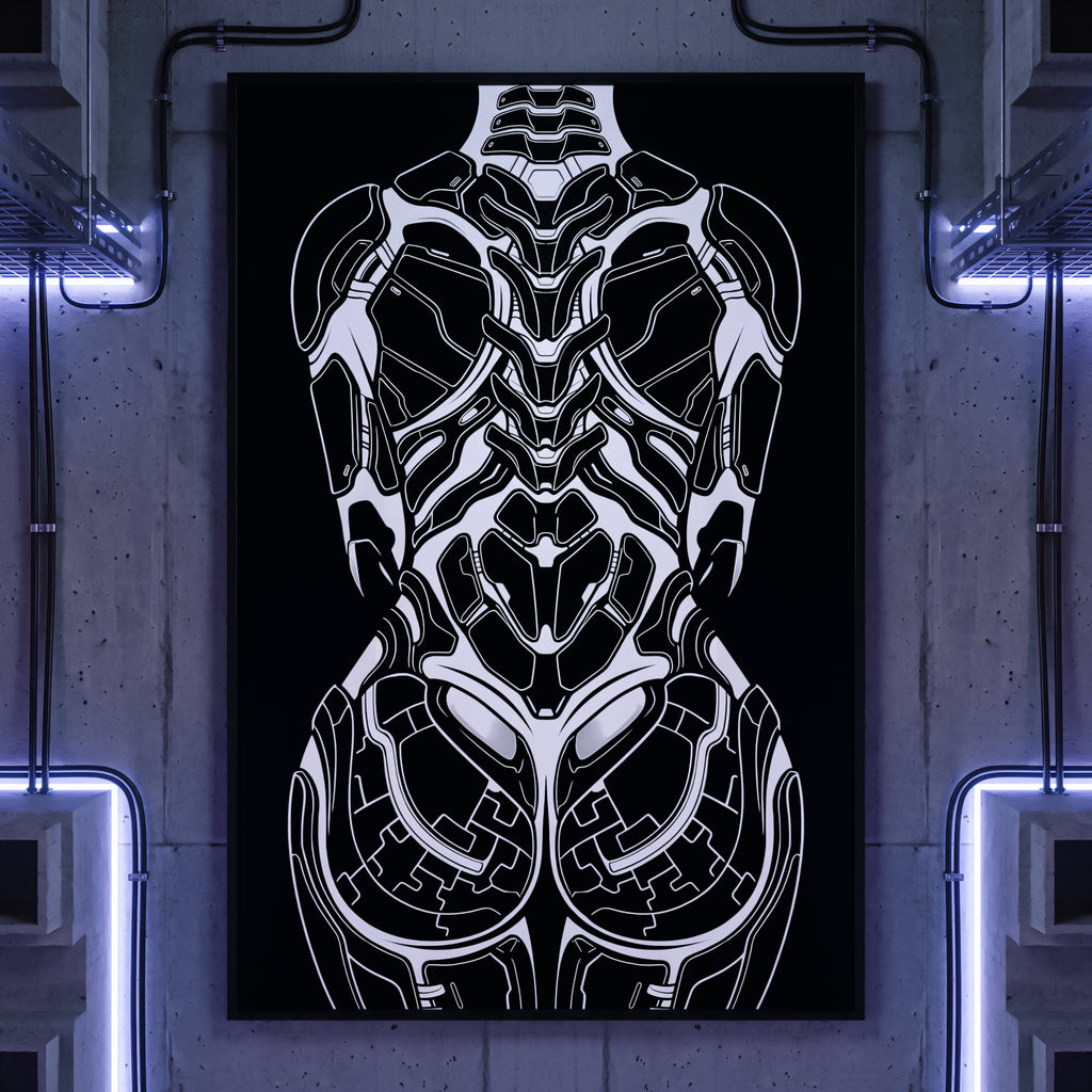 AEGIS | Biomechanical Female Figure Op Art Print | B&W Minimalist Luxury Wall Art