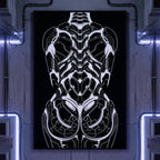 AEGIS | Biomechanical Female Figure Op Art Print | B&W Minimalist Luxury Wall Art