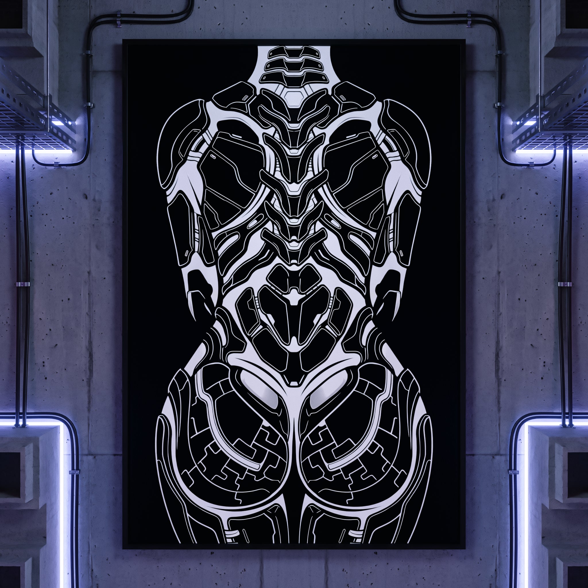 AEGIS | Biomechanical Female Figure Op Art Print | B&W Minimalist Luxury Wall Art