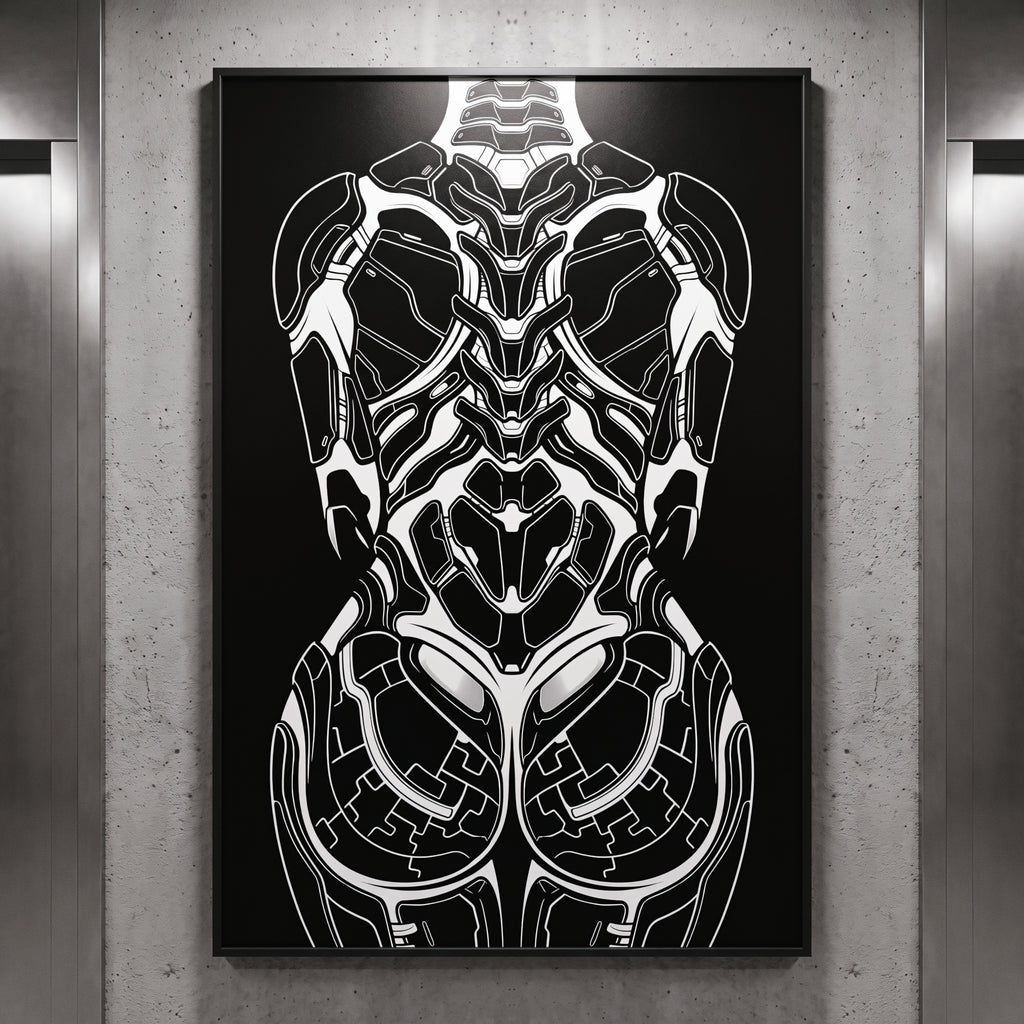 AEGIS | Biomechanical Female Figure Op Art Print | B&W Minimalist Luxury Wall Art