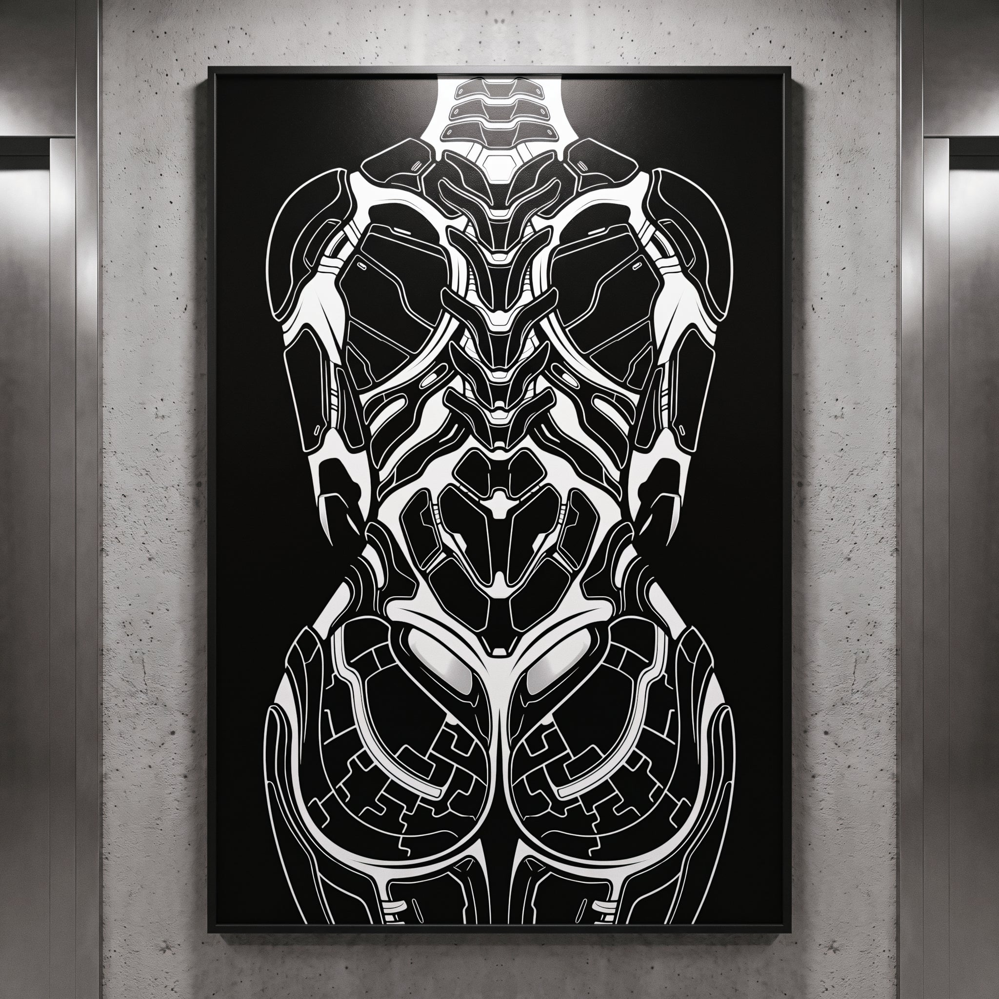 AEGIS | Biomechanical Female Figure Op Art Print | B&W Minimalist Luxury Wall Art
