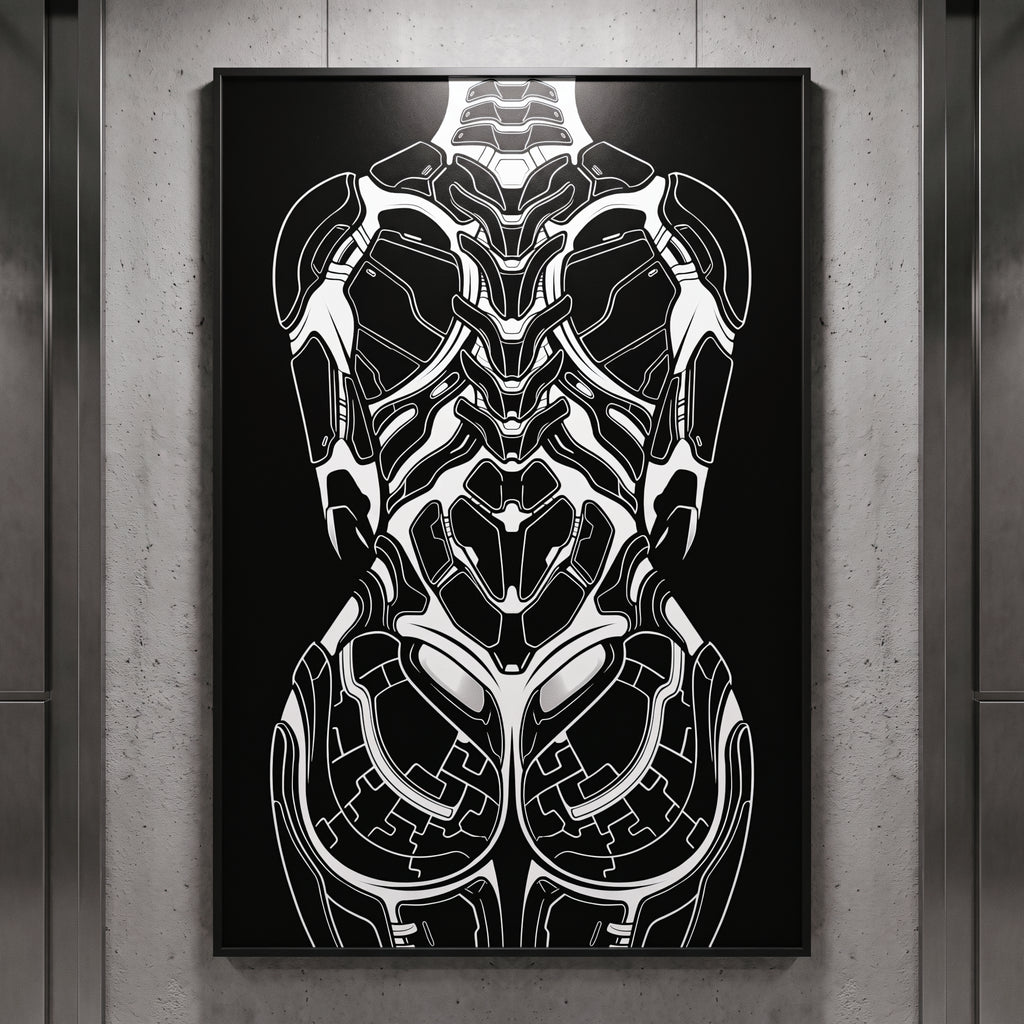 AEGIS | Biomechanical Female Figure Op Art Print | B&W Minimalist Luxury Wall Art