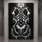 AEGIS | Biomechanical Female Figure Op Art Print | B&W Minimalist Luxury Wall Art