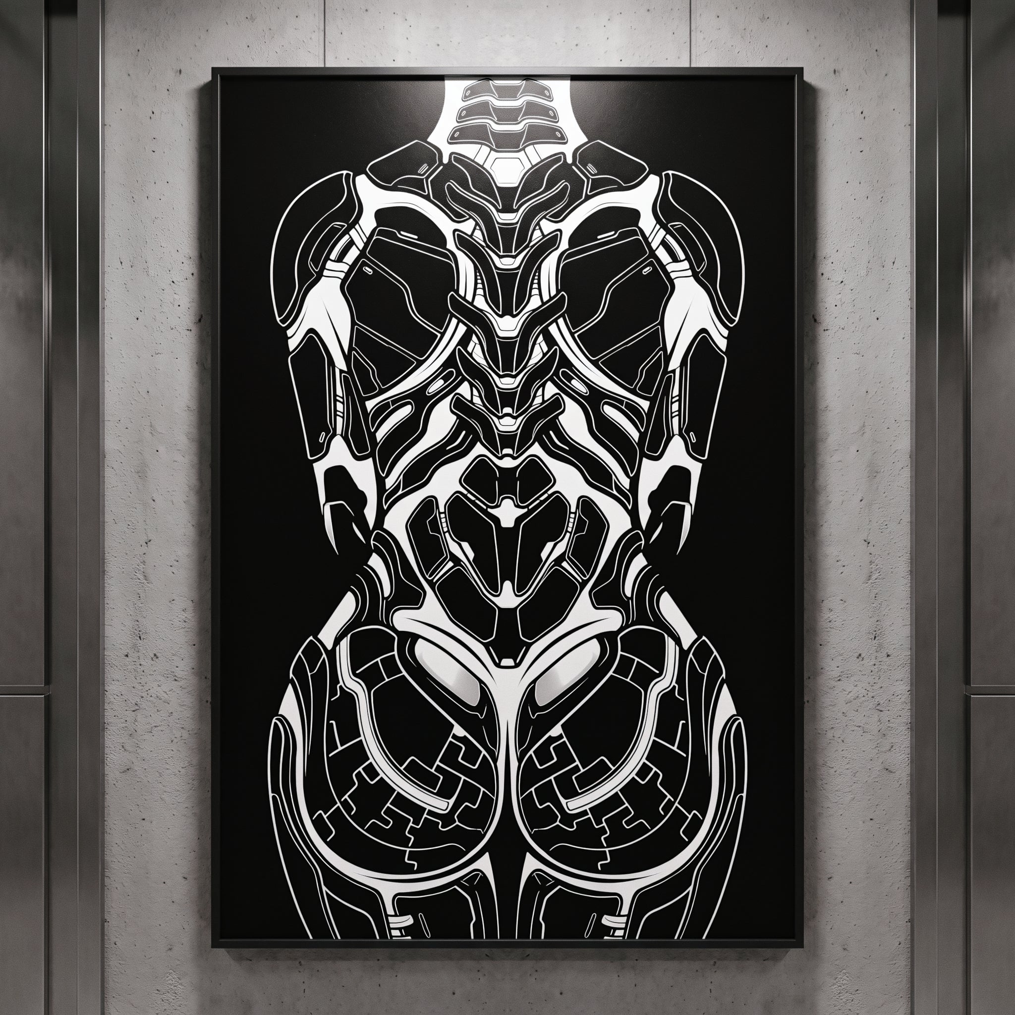 AEGIS | Biomechanical Female Figure Op Art Print | B&W Minimalist Luxury Wall Art