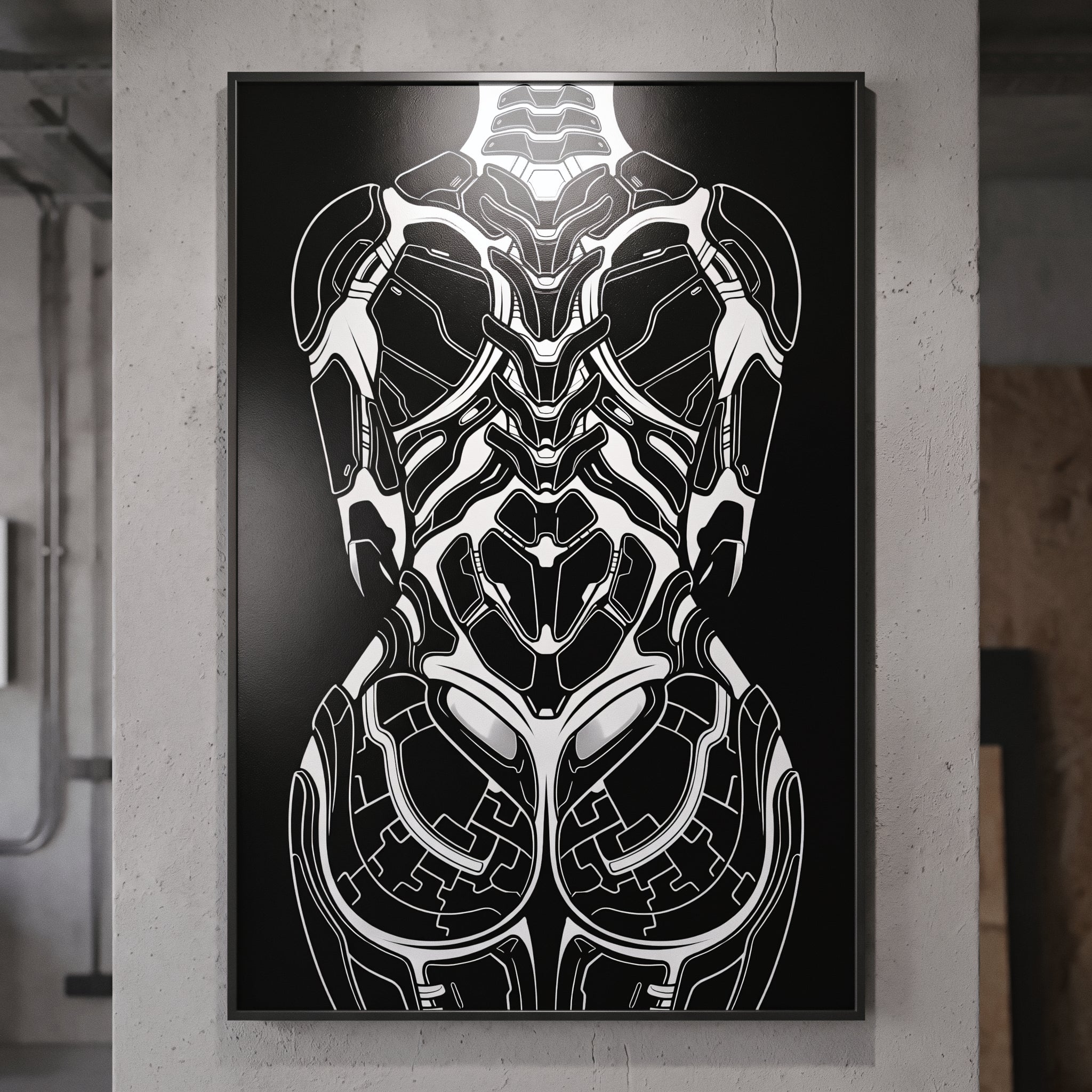 AEGIS | Biomechanical Female Figure Op Art Print | B&W Minimalist Luxury Wall Art