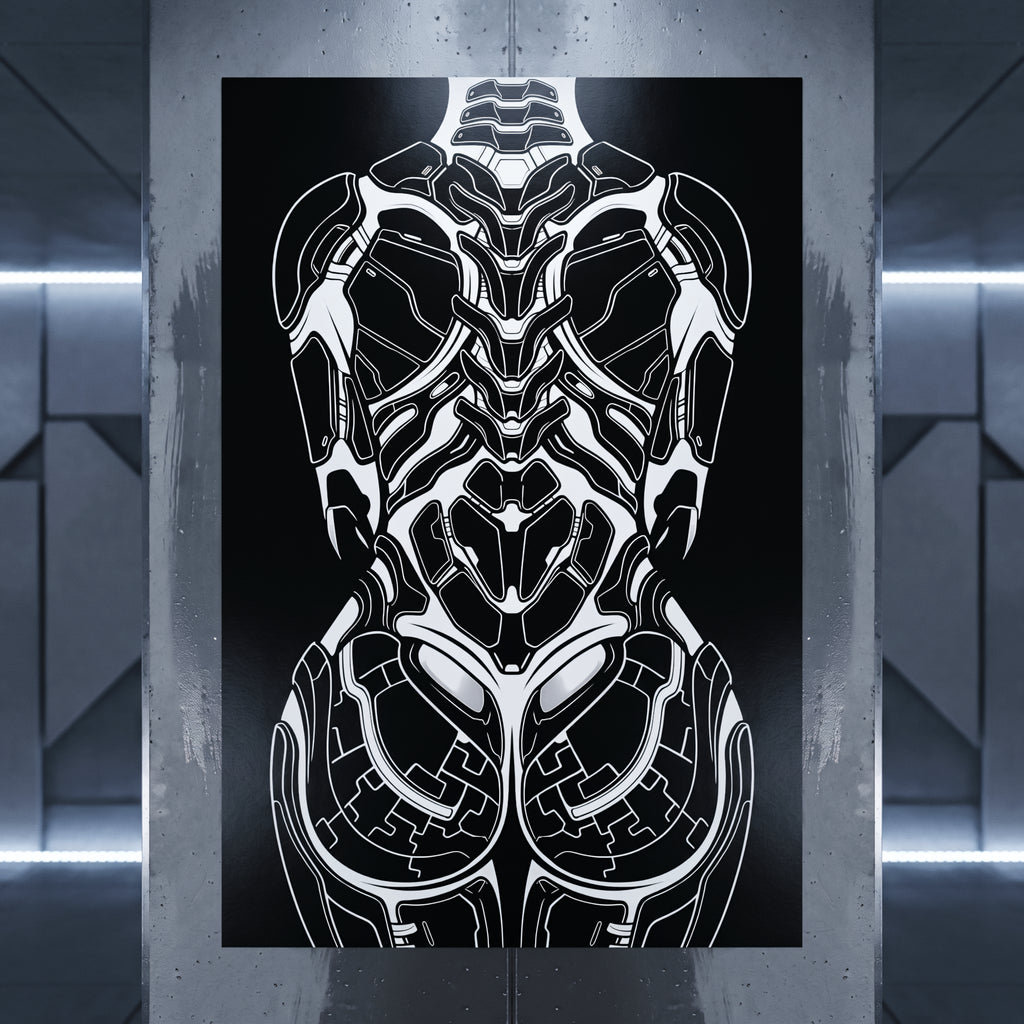 AEGIS | Biomechanical Female Figure Op Art Print | B&W Minimalist Luxury Wall Art