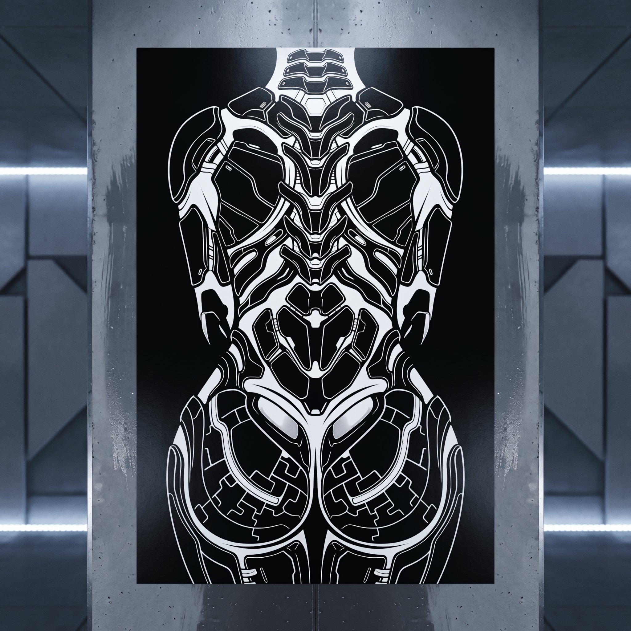 AEGIS | Biomechanical Female Figure Op Art Print | B&W Minimalist Luxury Wall Art