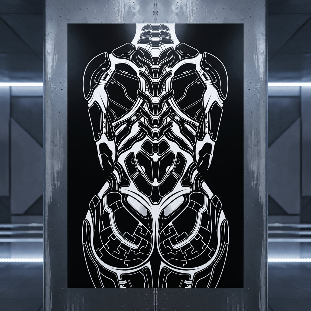AEGIS | Biomechanical Female Figure Op Art Print | B&W Minimalist Luxury Wall Art