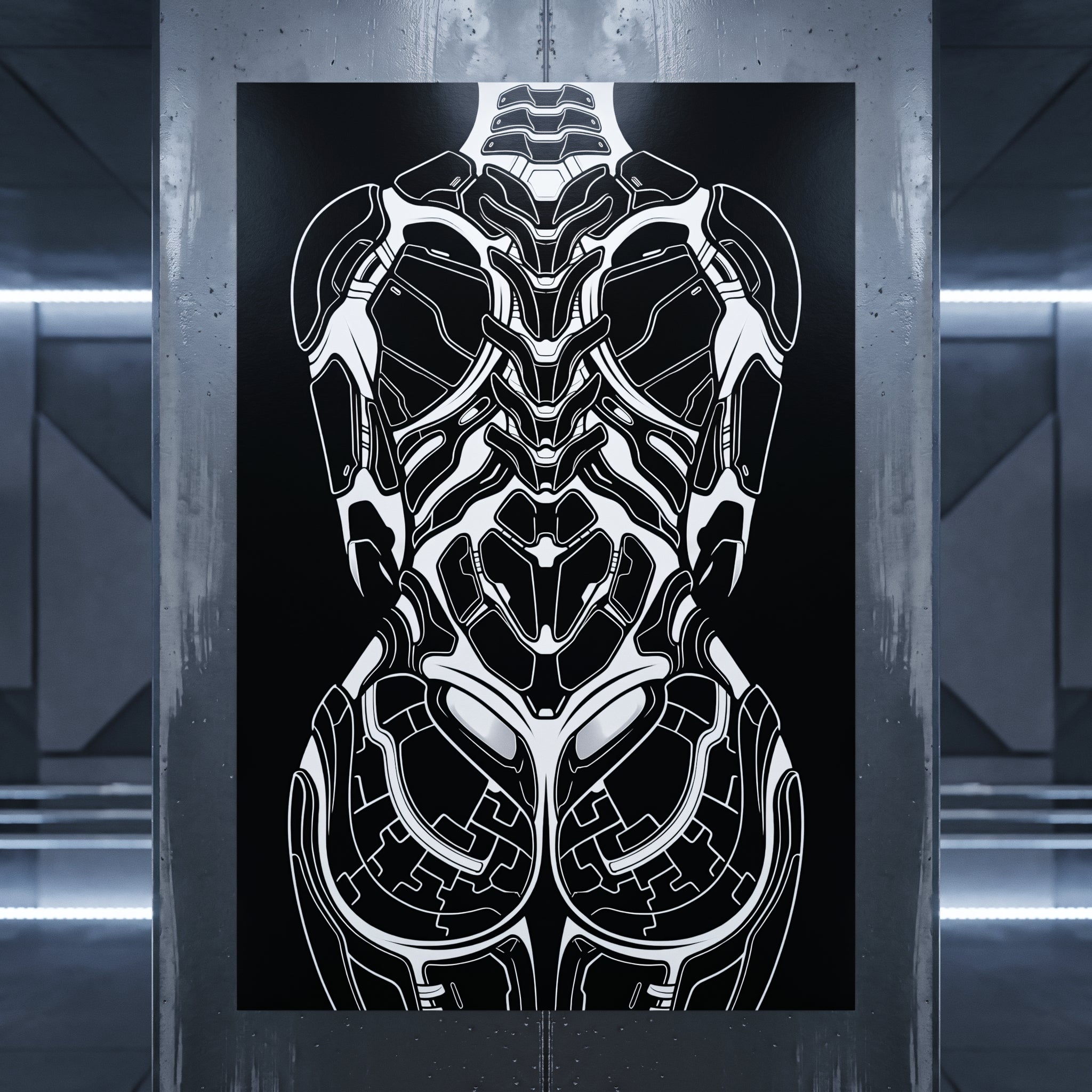 AEGIS | Biomechanical Female Figure Op Art Print | B&W Minimalist Luxury Wall Art