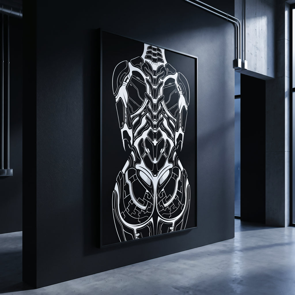 AEGIS | Biomechanical Female Figure Op Art Print | B&W Minimalist Luxury Wall Art