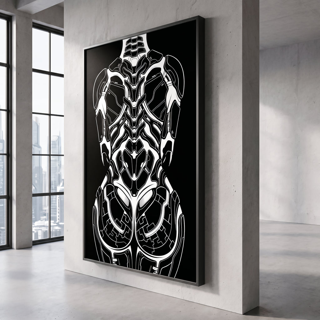 AEGIS | Biomechanical Female Figure Op Art Print | B&W Minimalist Luxury Wall Art