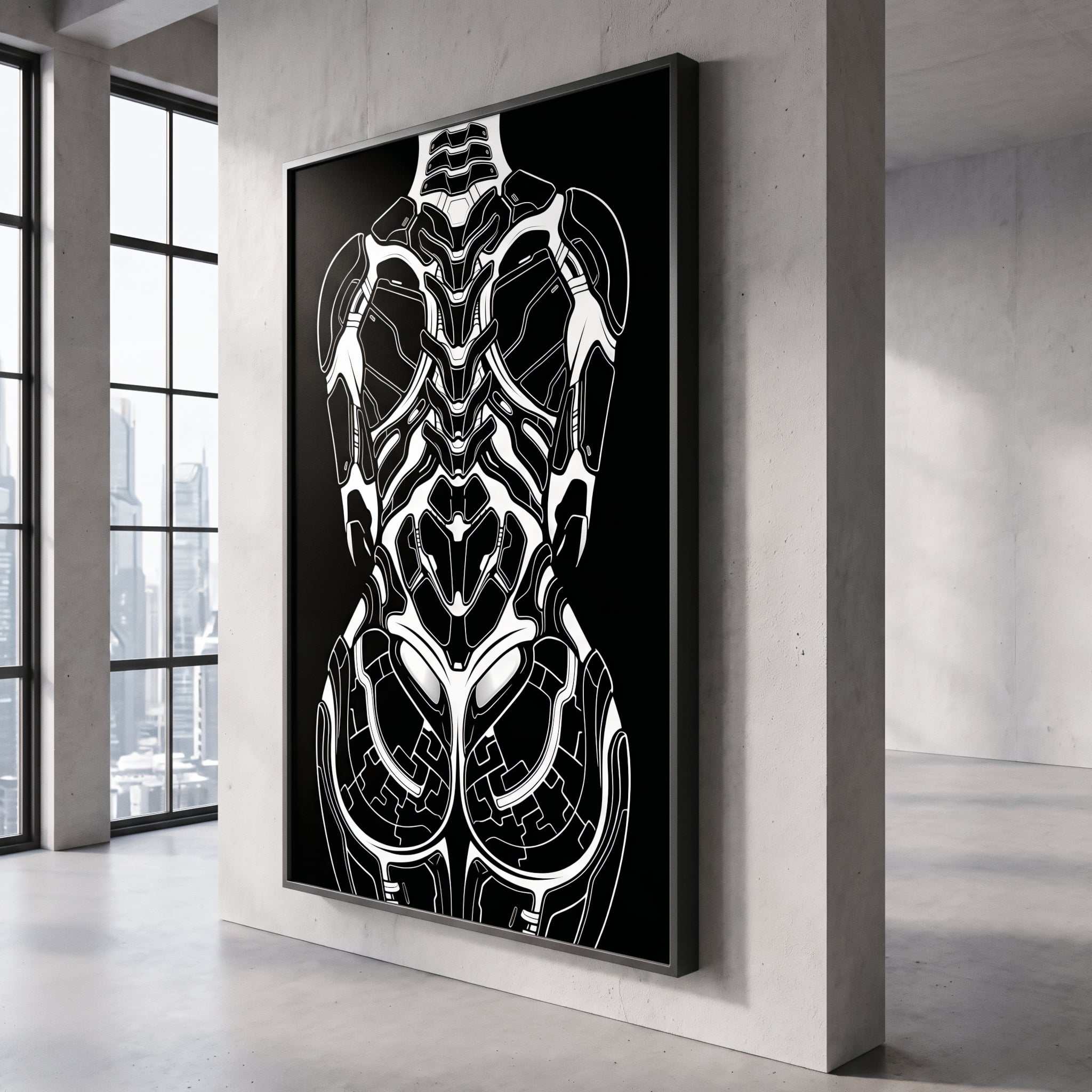 AEGIS | Biomechanical Female Figure Op Art Print | B&W Minimalist Luxury Wall Art