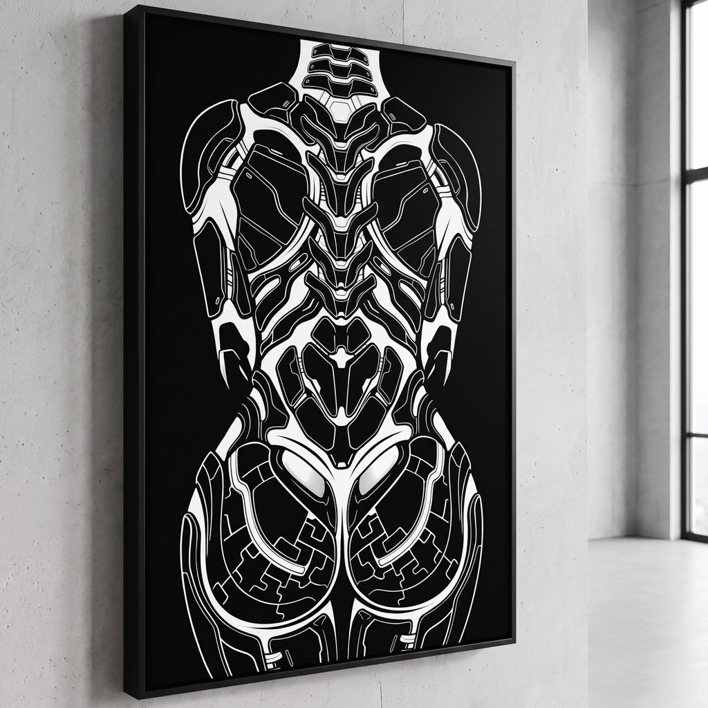 AEGIS | Biomechanical Female Figure Op Art Print | B&W Minimalist Luxury Wall Art