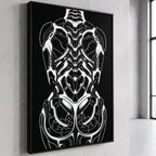 AEGIS | Biomechanical Female Figure Op Art Print | B&W Minimalist Luxury Wall Art