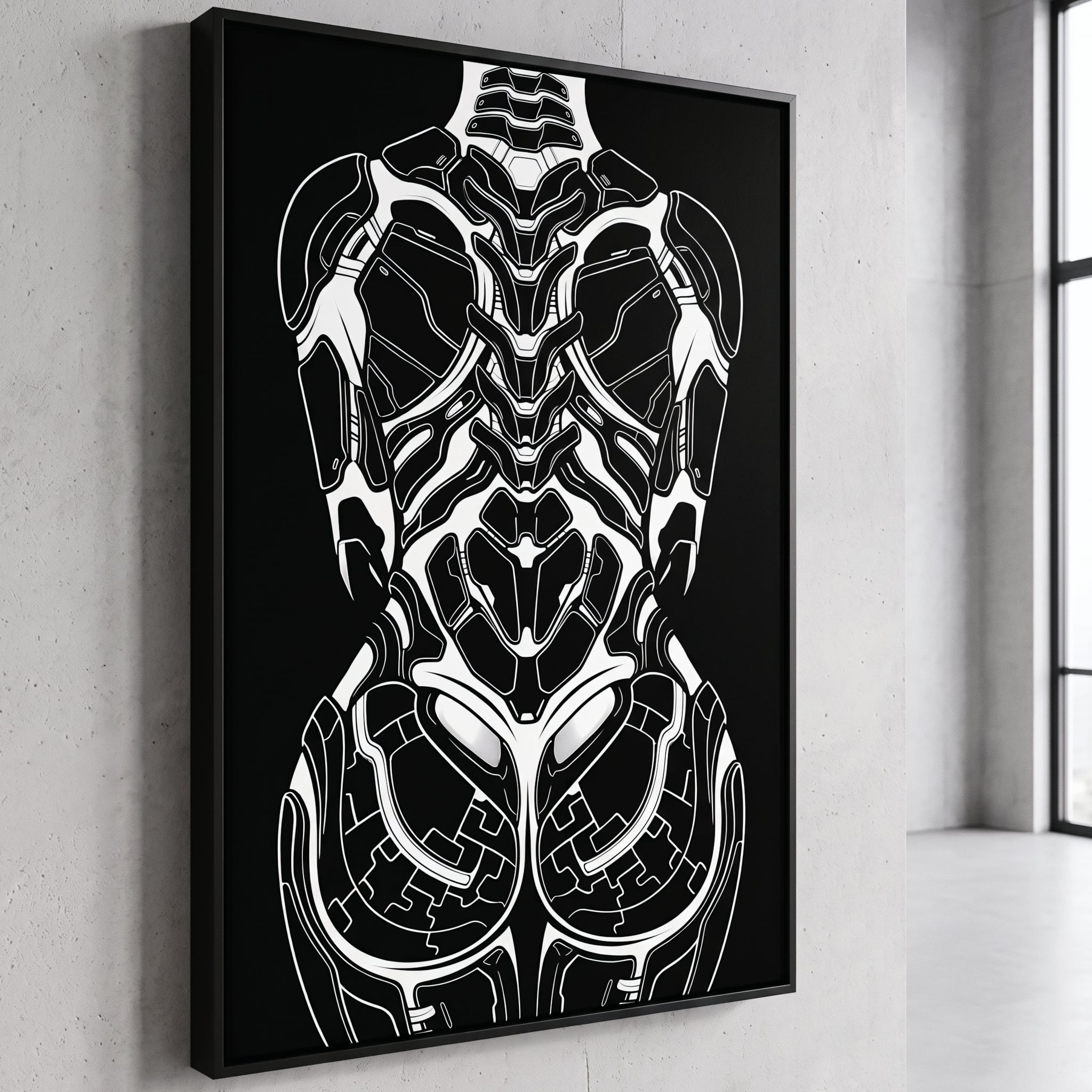 AEGIS | Biomechanical Female Figure Op Art Print | B&W Minimalist Luxury Wall Art