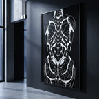 AEGIS | Biomechanical Female Figure Op Art Print | B&W Minimalist Luxury Wall Art