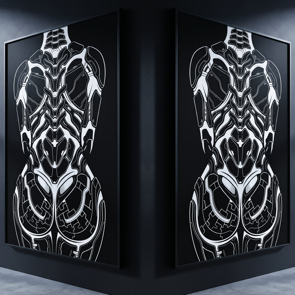 AEGIS | Biomechanical Female Figure Op Art Print | B&W Minimalist Luxury Wall Art