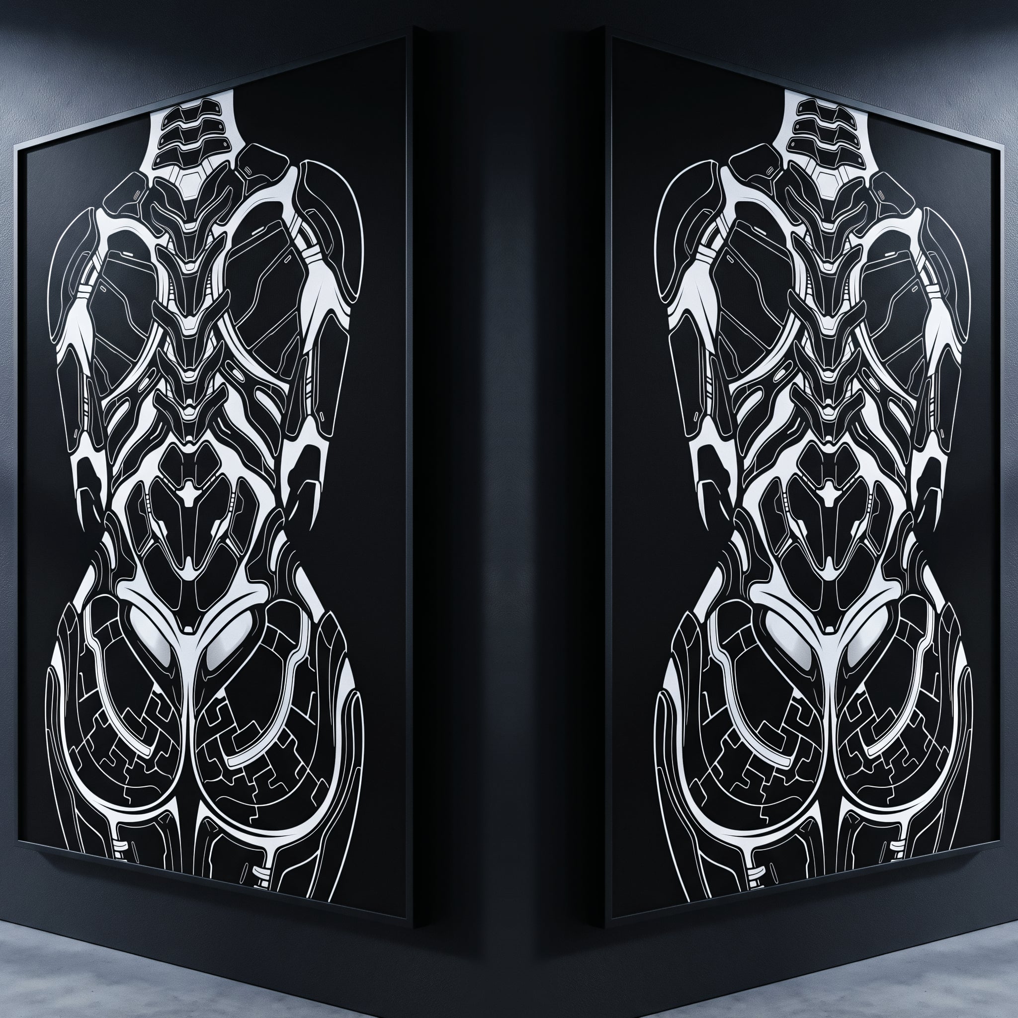 AEGIS | Biomechanical Female Figure Op Art Print | B&W Minimalist Luxury Wall Art