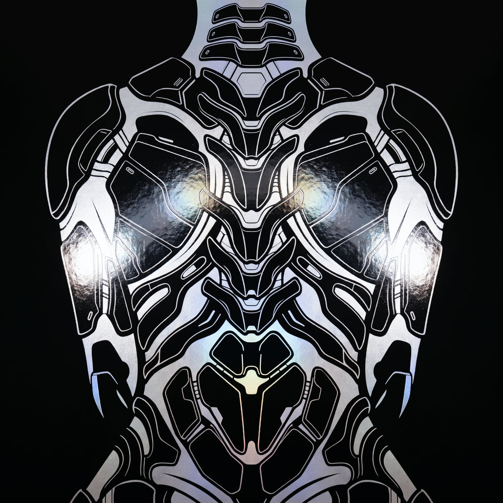 AEGIS | Biomechanical Female Figure Op Art Print | B&W Minimalist Luxury Wall Art