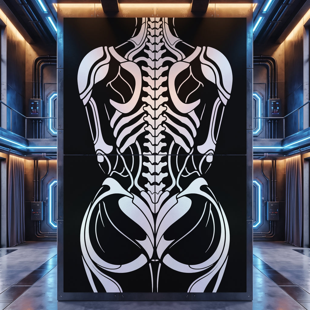 ARMATA 4-piece fine art print installation, museum-grade archival cotton paper with rear biomechanical spine artwork