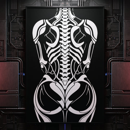 A framed wall art print featuring a symmetrical white skeletal and tribal-style torso design on a black background, displayed against a dark futuristic circuit-board wall.