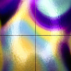 A close-up of a glossy, metallic surface of a multi-print wall art piece, showing shifting neon colors of purple, blue, and yellow.