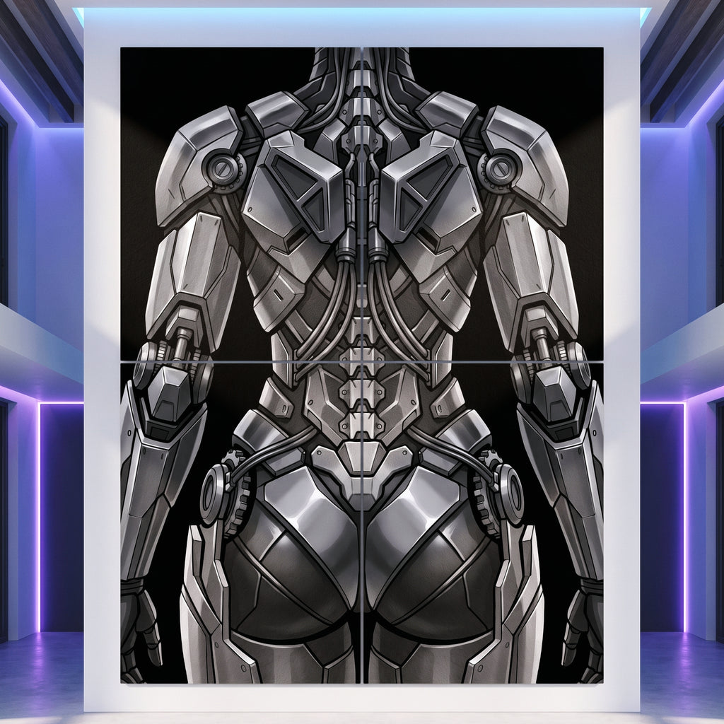 72x96 inch multi-print wall art featuring a highly detailed, symmetrical sci-fi female cyborg in metallic silver and gray armor against a black background, displayed in a modern room setting with purple ambient lighting.