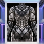 72x96 inch multi-print wall art featuring a highly detailed, symmetrical sci-fi female cyborg in metallic silver and gray armor against a black background, displayed in a modern room setting with purple ambient lighting.