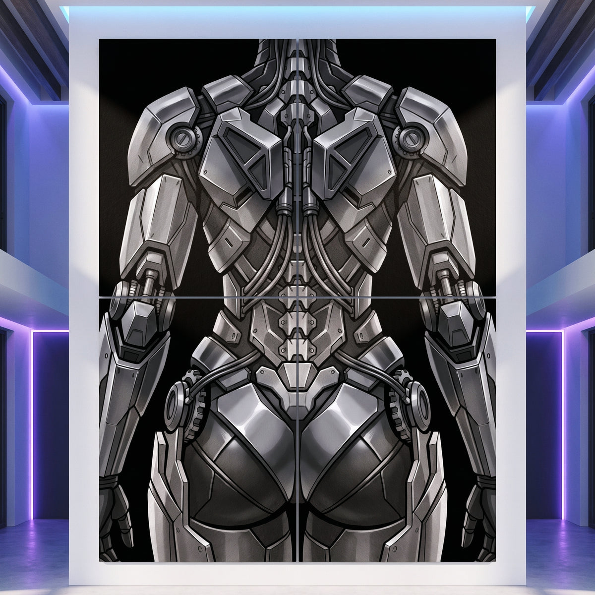 72x96 inch multi-print wall art featuring a highly detailed, symmetrical sci-fi female cyborg in metallic silver and gray armor against a black background, displayed in a modern room setting with purple ambient lighting.