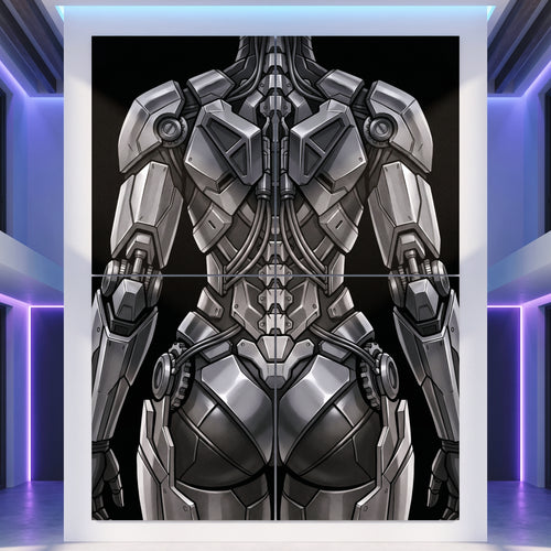 72x96 inch multi-print wall art featuring a highly detailed, symmetrical sci-fi female cyborg in metallic silver and gray armor against a black background, displayed in a modern room setting with purple ambient lighting.