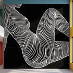 COUTURE, a large 120x120 inch artwork composed of nine 40x40 inch archival-grade prints, featuring a reclined minimalist female figure with black and white stripes.