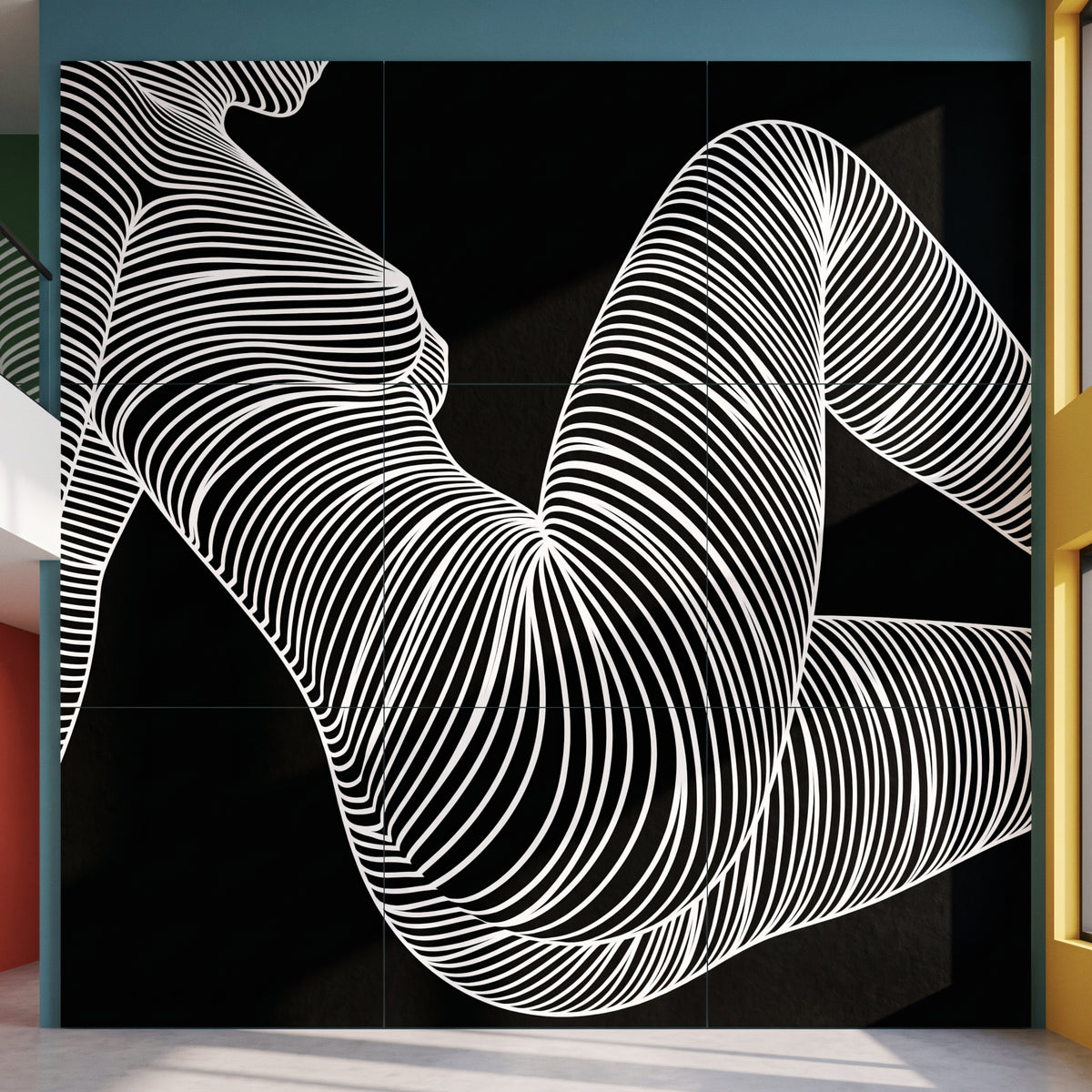 COUTURE, a large 120x120 inch artwork composed of nine 40x40 inch archival-grade prints, featuring a reclined minimalist female figure with black and white stripes.