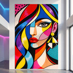 80x120 inch four-print wall art featuring a bold, colorful pop-art portrait of a woman with geometric shapes and bright stripes, displayed in a modern interior setting with white walls and blue accent lighting.