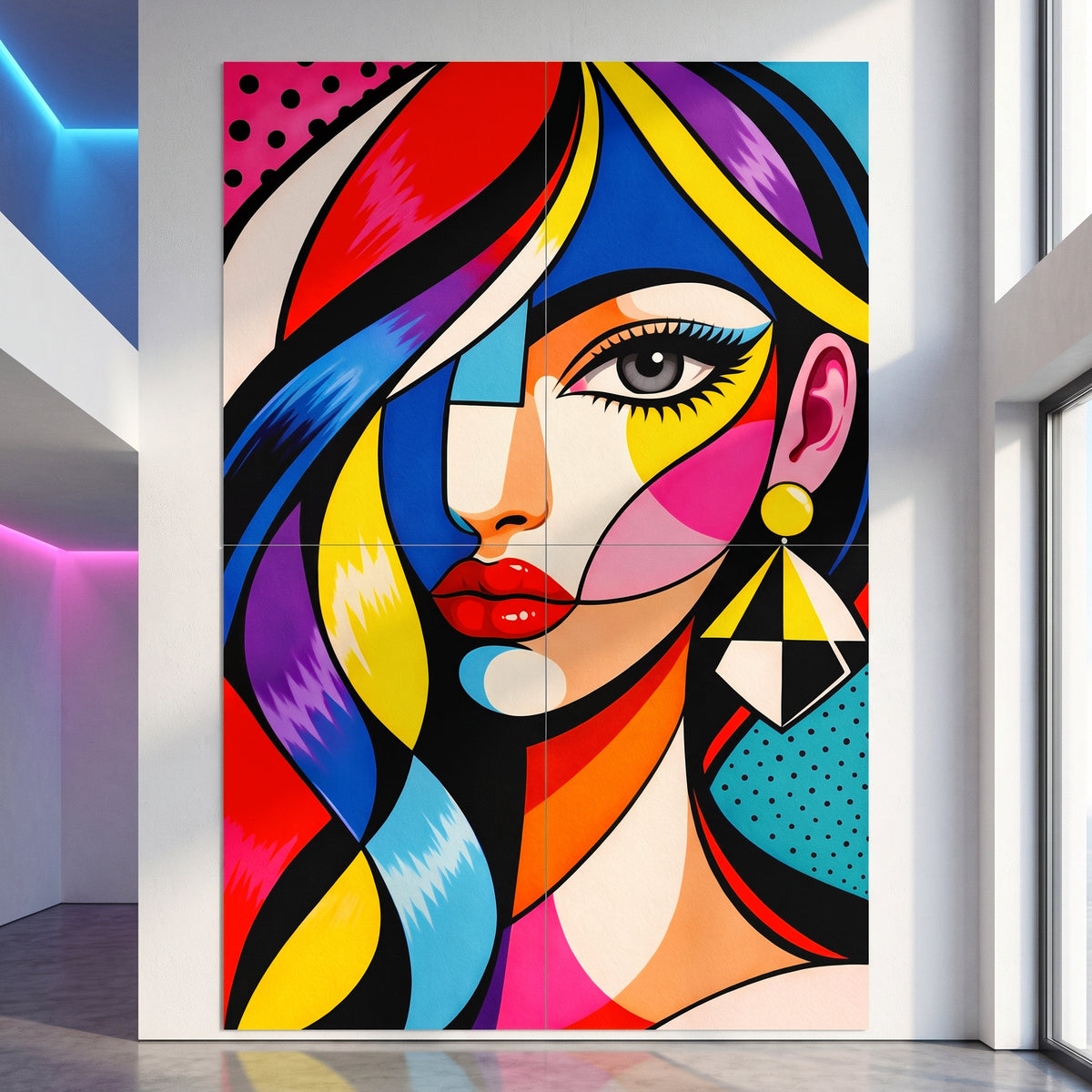 80x120 inch four-print wall art featuring a bold, colorful pop-art portrait of a woman with geometric shapes and bright stripes, displayed in a modern interior setting with white walls and blue accent lighting.