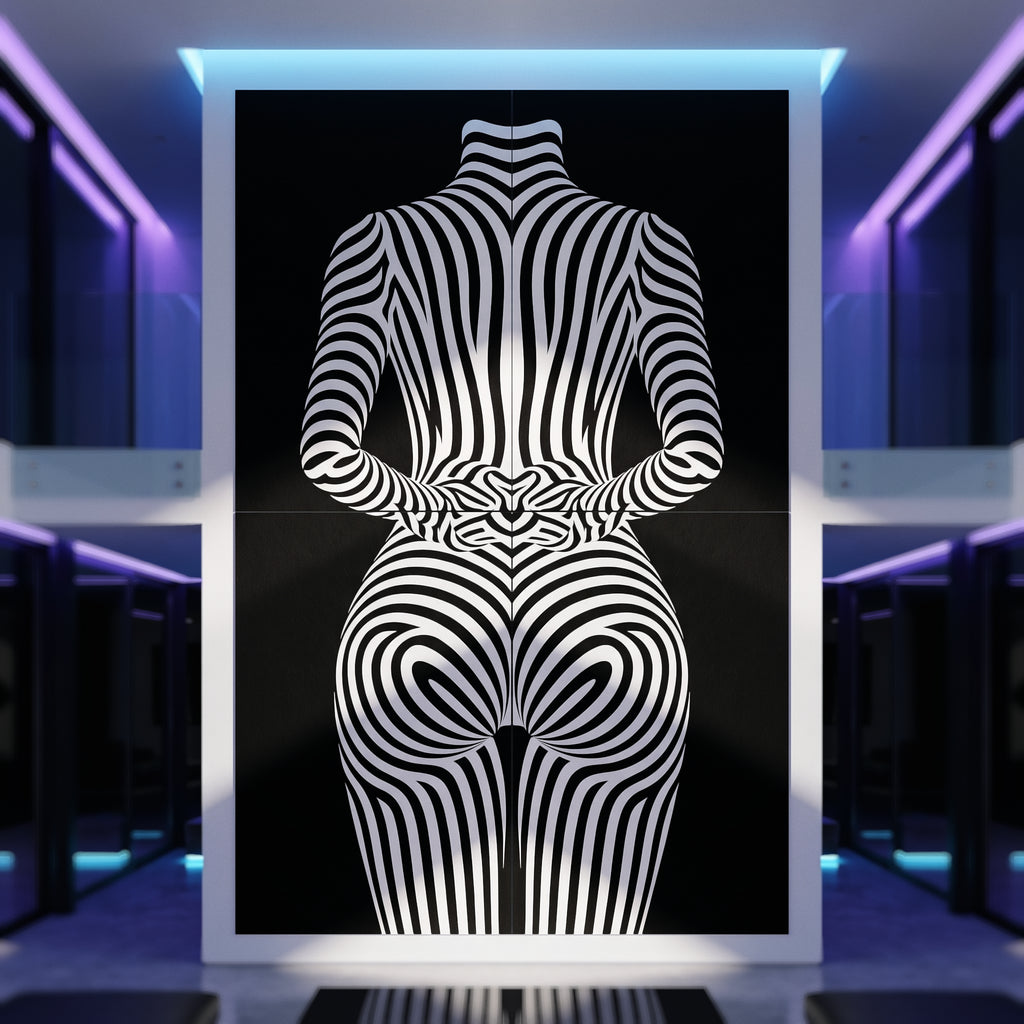 80x120 inch wall art featuring an optical illusion pattern of black and white wavy stripes forming a stylized female figure, displayed in a modern hallway with purple ambient lighting.