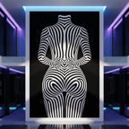 80x120 inch wall art featuring an optical illusion pattern of black and white wavy stripes forming a stylized female figure, displayed in a modern hallway with purple ambient lighting.