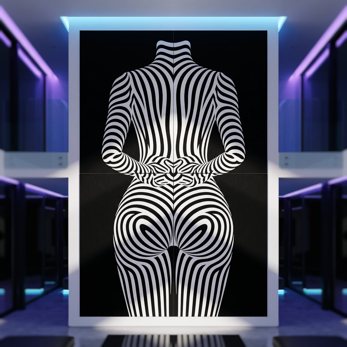 80x120 inch wall art featuring an optical illusion pattern of black and white wavy stripes forming a stylized female figure, displayed in a modern hallway with purple ambient lighting.