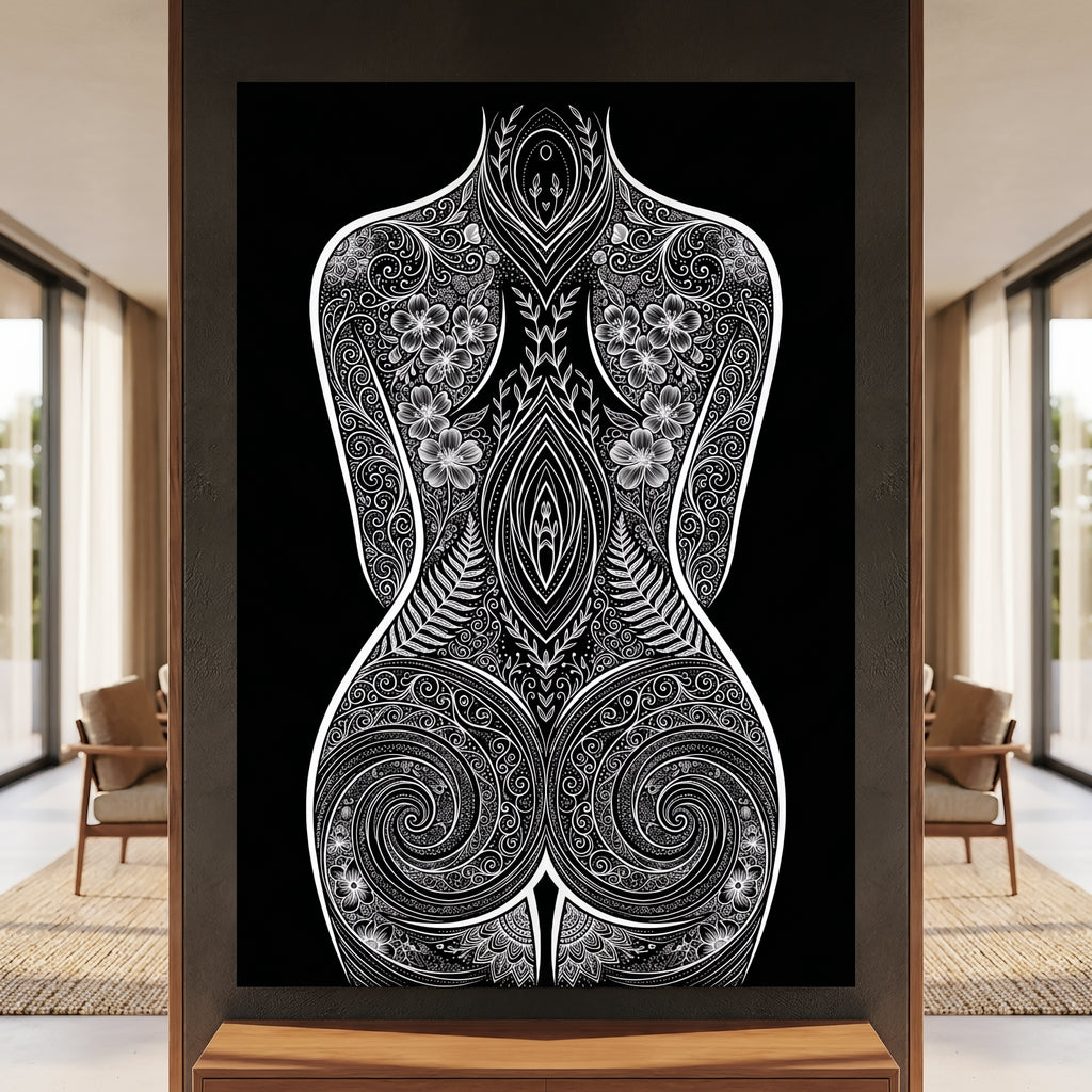 EDEN | Minimalist Botanical Patterned Abstract Female Wall Art | B&W Luxury Decor Print