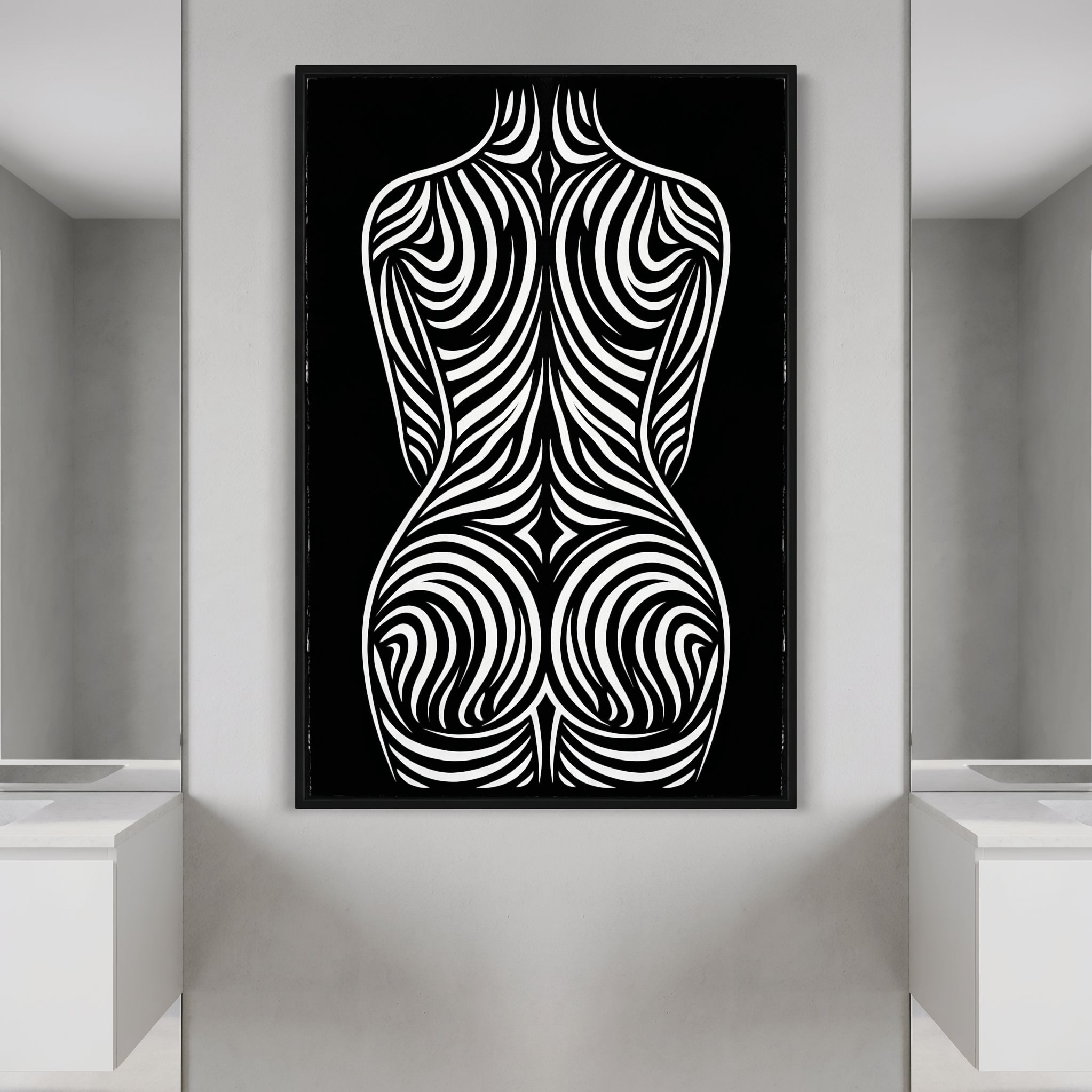 ENTROPY | Minimalist Striped Female Silhouette Op Art Print | B&W Modern Luxury Wall Art