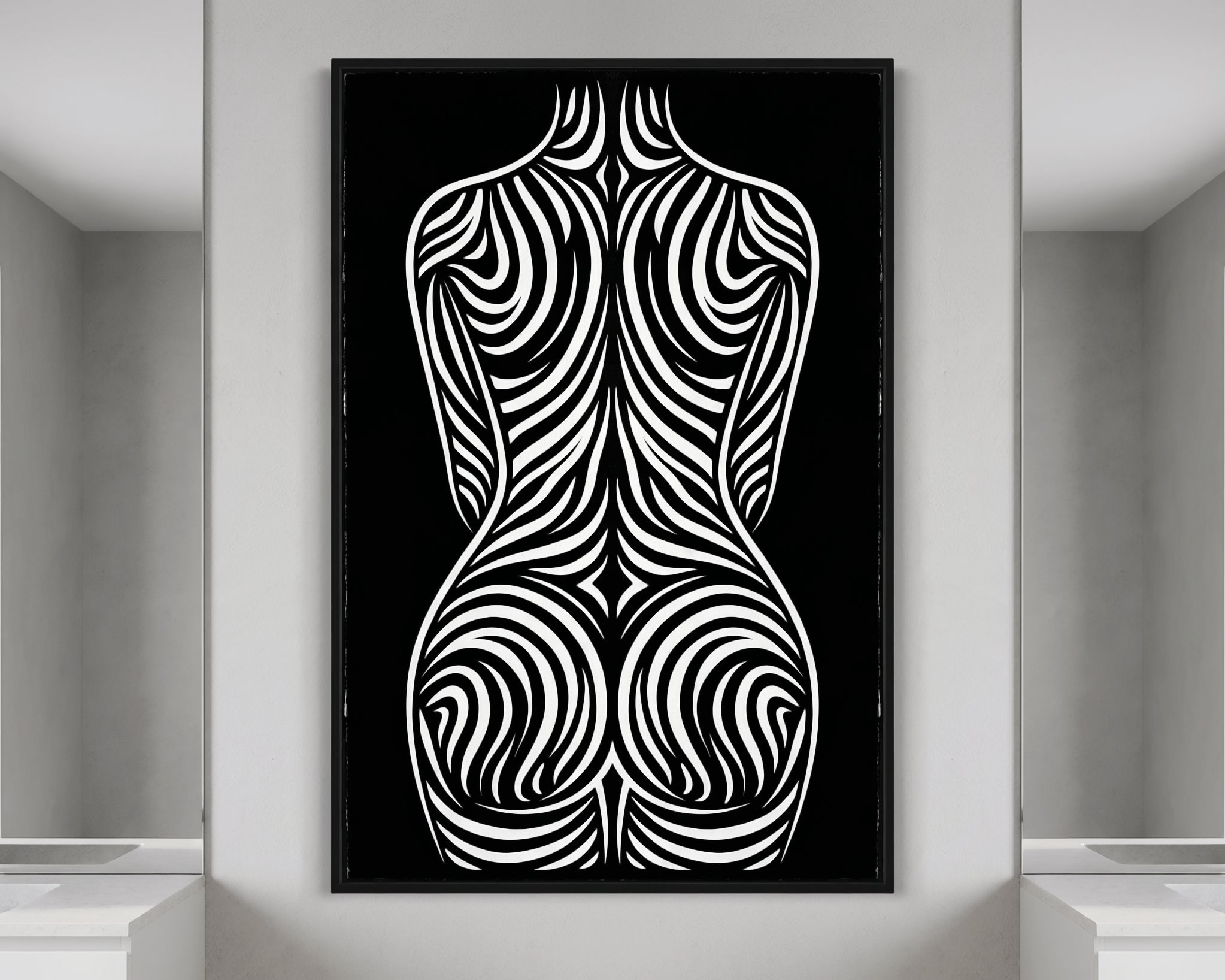 ENTROPY | Minimalist Striped Female Silhouette Op Art Print | B&W Modern Luxury Wall Art