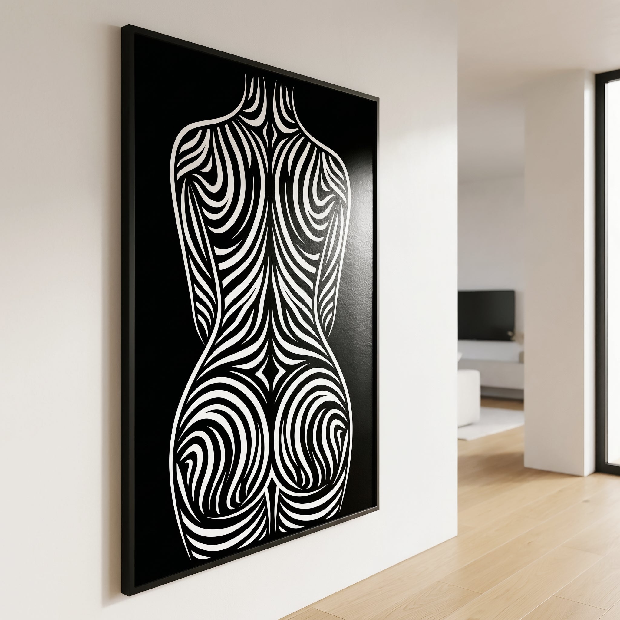ENTROPY | Minimalist Striped Female Silhouette Op Art Print | B&W Modern Luxury Wall Art