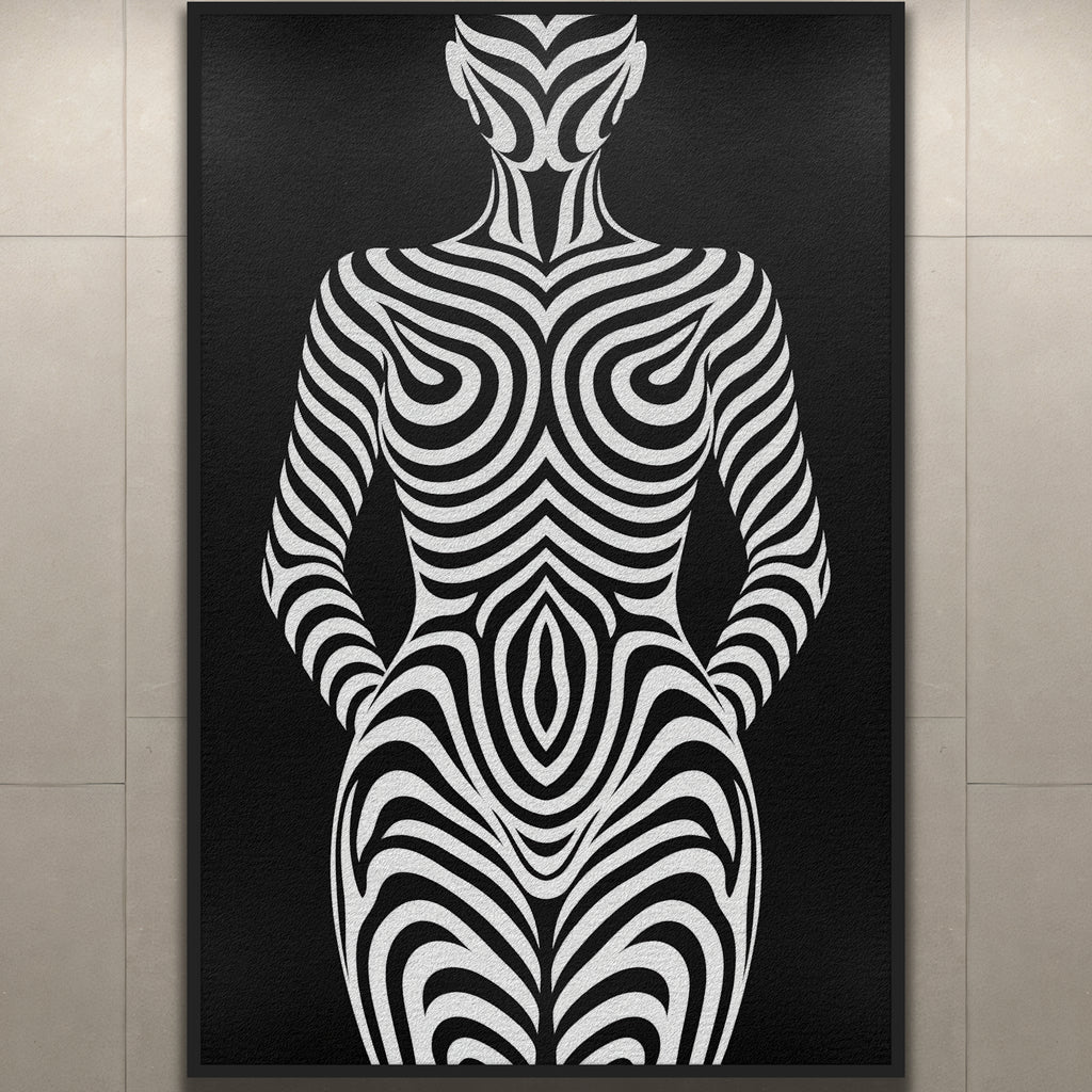 HYPNOS | Minimalist Zebra-Striped Female Figure Wall Art Print | Modern Luxury Op Art