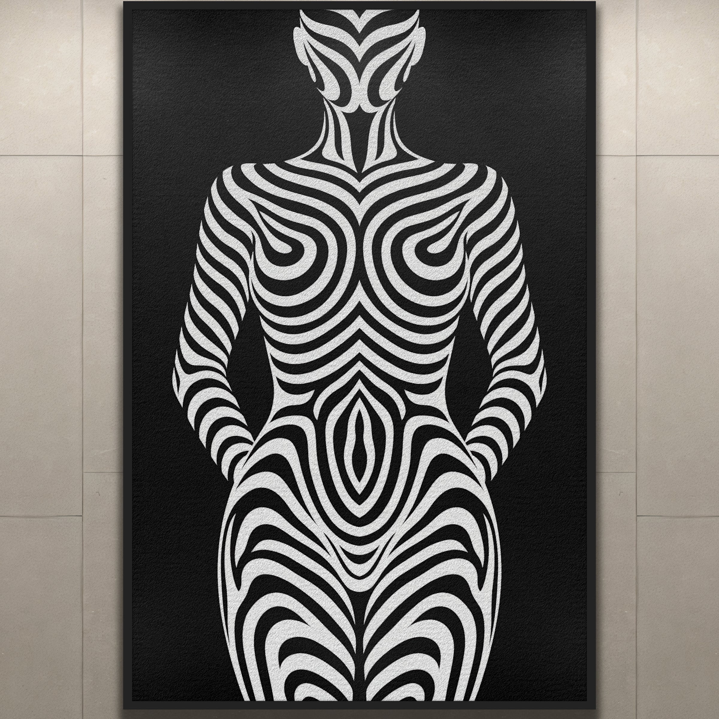 HYPNOS | Minimalist Zebra-Striped Female Figure Wall Art Print | Modern Luxury Op Art